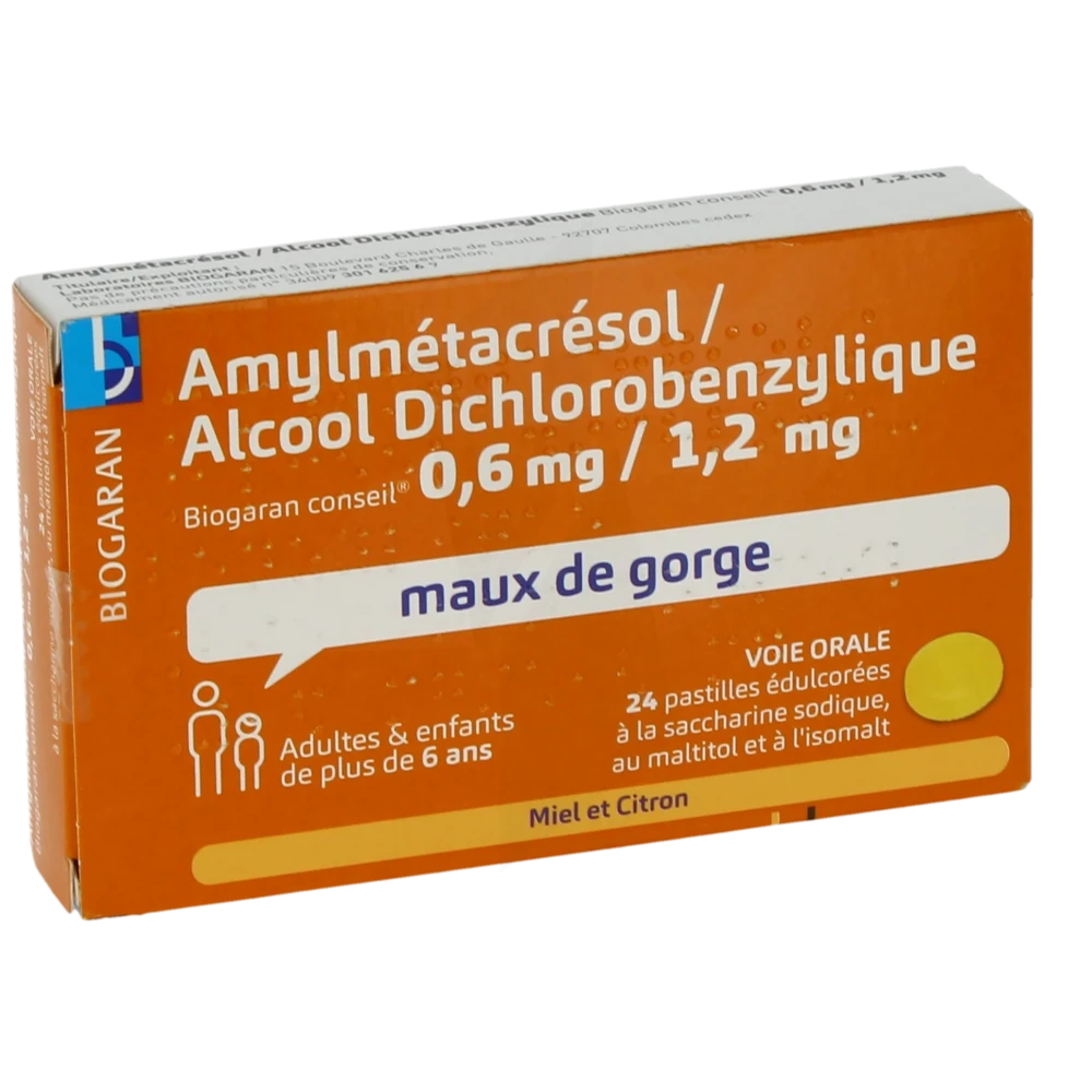 Amylmetacresol/alcool Dichlorobenzylique Biogaran Conseil 0,6 Mg/1,2 Mg Miel Et Citron, Pastille édulcorée à La Saccharine Sodique, Au Maltitol Et à L'isomalt