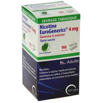 Nicotine Eurogenerics Menthe 4 Mg Sans Sucre, Gomme à Mâcher Médicamenteuse édulcorée Au Xylitol, à L'acésulfame Potassique, Au Sucralose Et Au Maltitol à BOURBON-LANCY