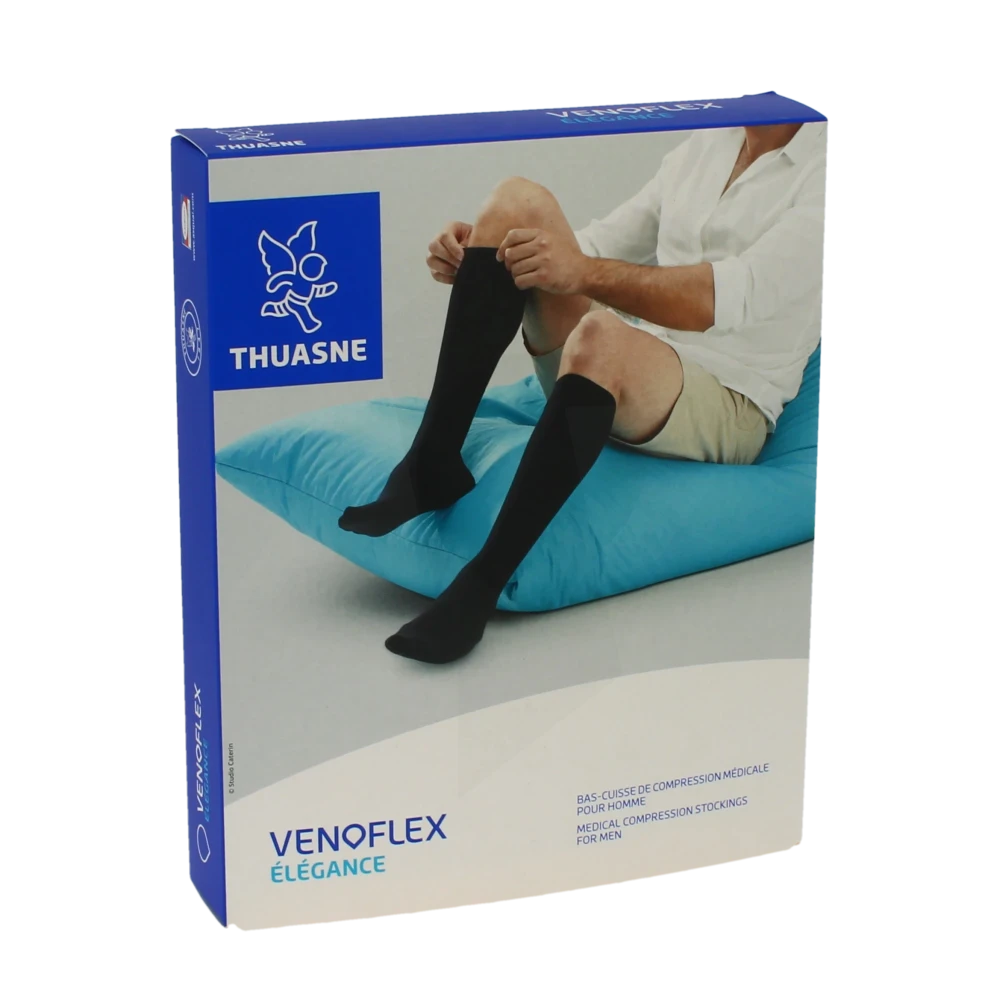 Thuasne Venoflex Elegance 2 Bas Cuisse Antiglisse Maille Côtelée Homme Noir T1n