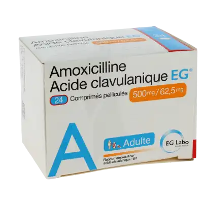 AMOXICILLINE/ACIDE CLAVULANIQUE EG 500 mg/62,5 mg ADULTES, comprimé pelliculé (rapport amoxicilline/acide clavulanique : 8/1)