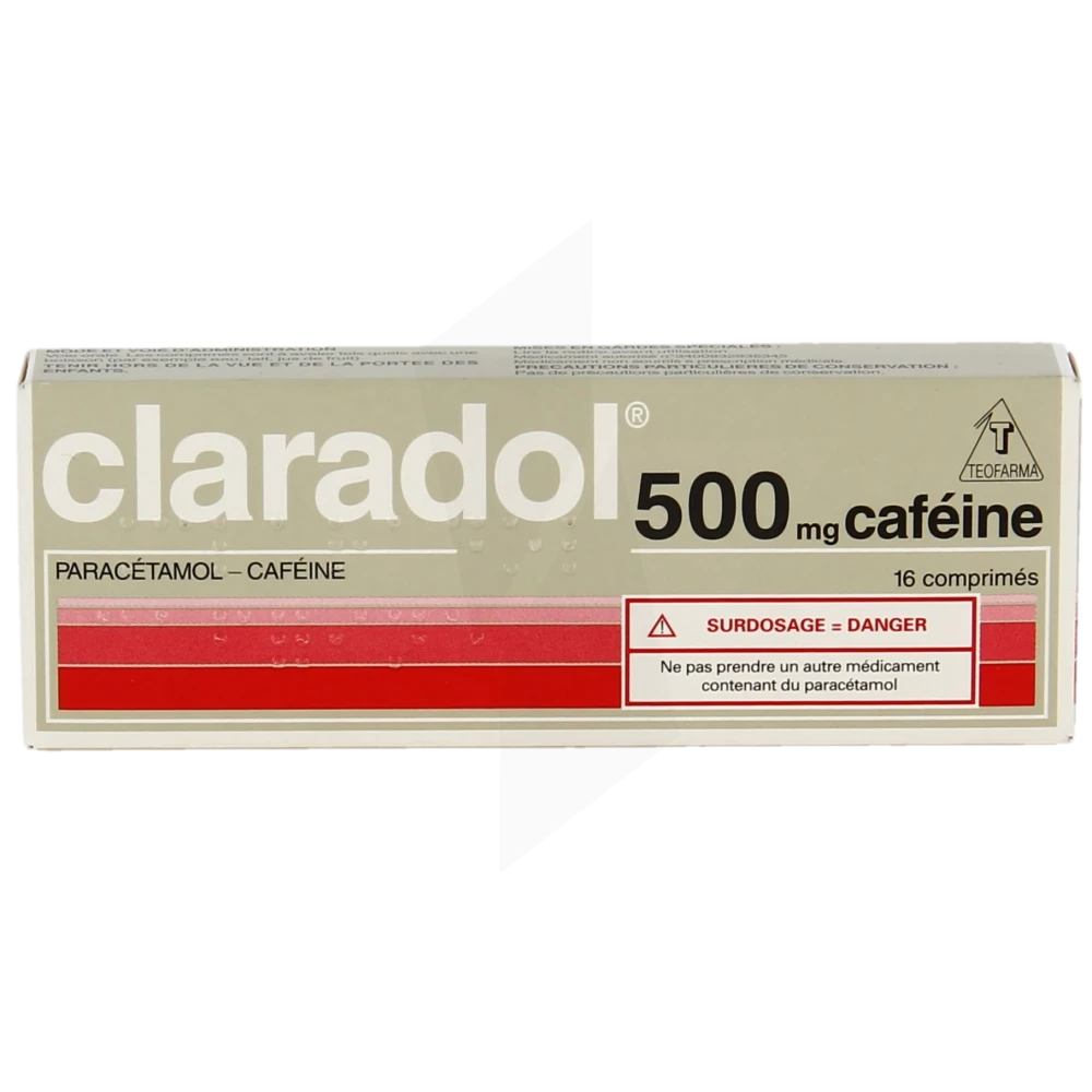 Pharmacie de la Gare - Médicament Claradol Cafeine 500 Mg Cpr Plq/16 -  Paracétamol ; Caféine - RUMILLY