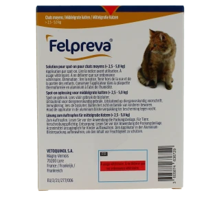 Felpreva Solution Pour Spot-on Pour Chats Moyens (> 2,5 - 5 Kg), Solution Pour Spot-on