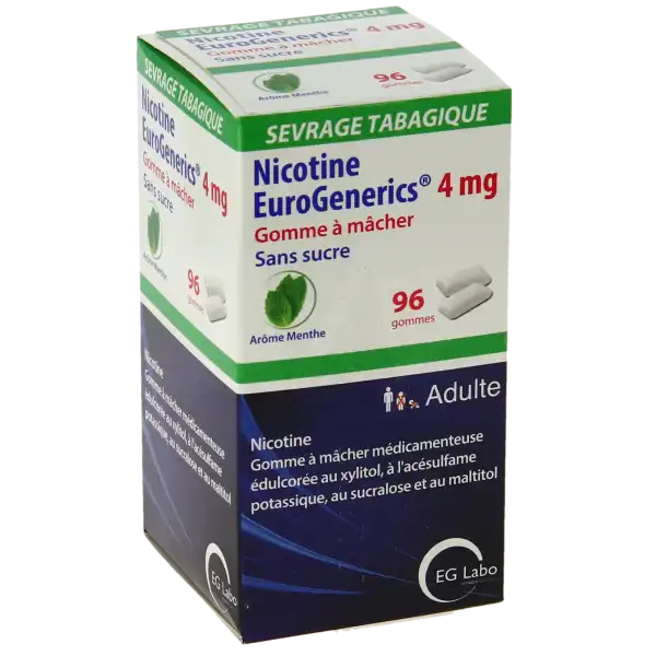 Nicotine Eurogenerics Menthe 4 Mg Sans Sucre, Gomme à Mâcher Médicamenteuse édulcorée Au Xylitol, à L'acésulfame Potassique, Au Sucralose Et Au Maltitol