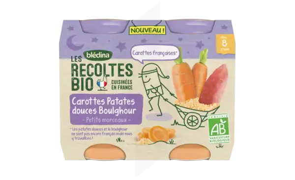 Blédina Les Récoltes Bio Carottes Patates Douces Boulghour 2 Pots/200g