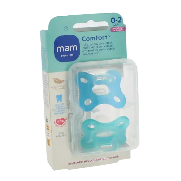 Mam Sucette Comfort Silicone +0 Mois Bleu B/2