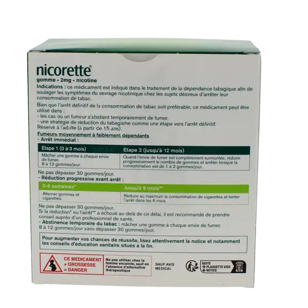Nicorette Menthe Fraiche 2 Mg Sans Sucre, Gomme à Mâcher Médicamenteuse édulcorée Au Xylitol Et à L'acésulfame Potassique