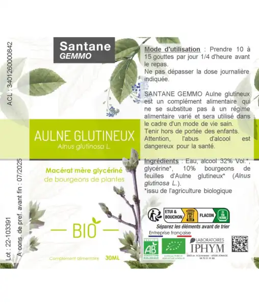 Santane Aulne Glutineux Macérats Glycérinés Unitaires Bio 30ml