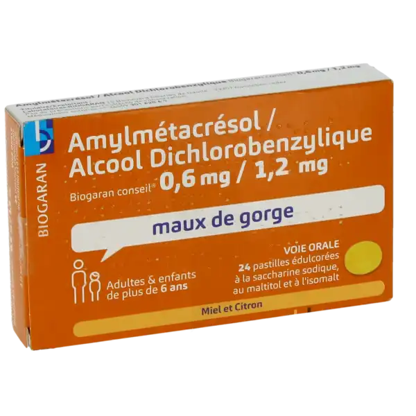 Amylmetacresol/alcool Dichlorobenzylique Biogaran Conseil 0,6 Mg/1,2 Mg Miel Et Citron, Pastille édulcorée à La Saccharine Sodique, Au Maltitol Et à L'isomalt