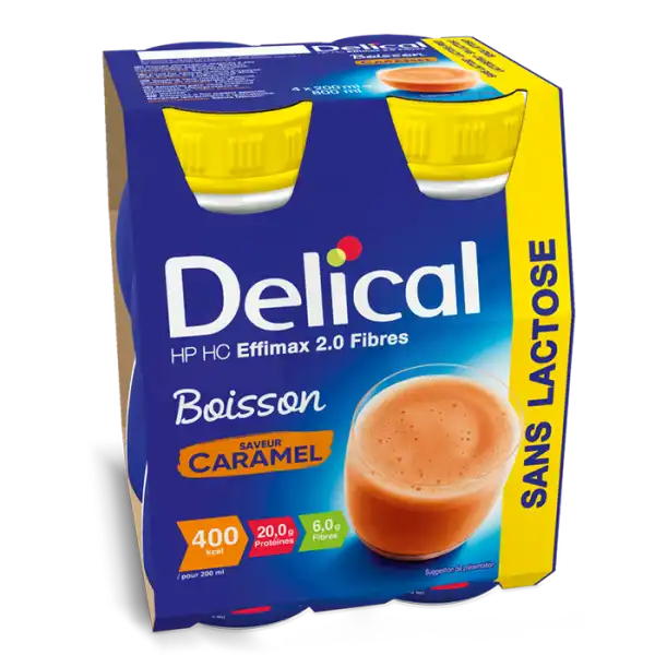 Delical Effimax Boisson Hp Hc Sans Lactose Avec Fibres Nutriment Caramel 4 Bouteilles/200ml