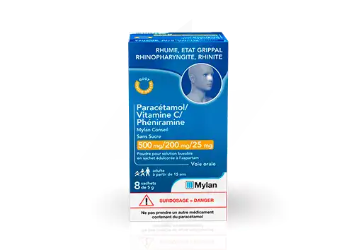 Paracetamol/vitamine C/pheniramine Viatris Conseil Sans Sucre 500 Mg/200 Mg/25 Mg, Poudre Pour Solution Buvable En Sachet édulcorée à L’aspartam