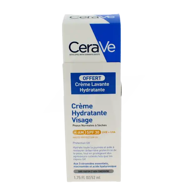 Cerave Soins Visage Crème Hydratante Visage Spf30 Pour Les Peaux Normales à Sèches Tube/52ml + Crème Lavante 20ml