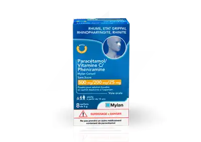 Paracetamol/vitamine C/pheniramine Mylan Conseil Sans Sucre500 Mg/200 Mg/25 Mg, Poudre Pour Solution Buvable En Sachet à VITROLLES