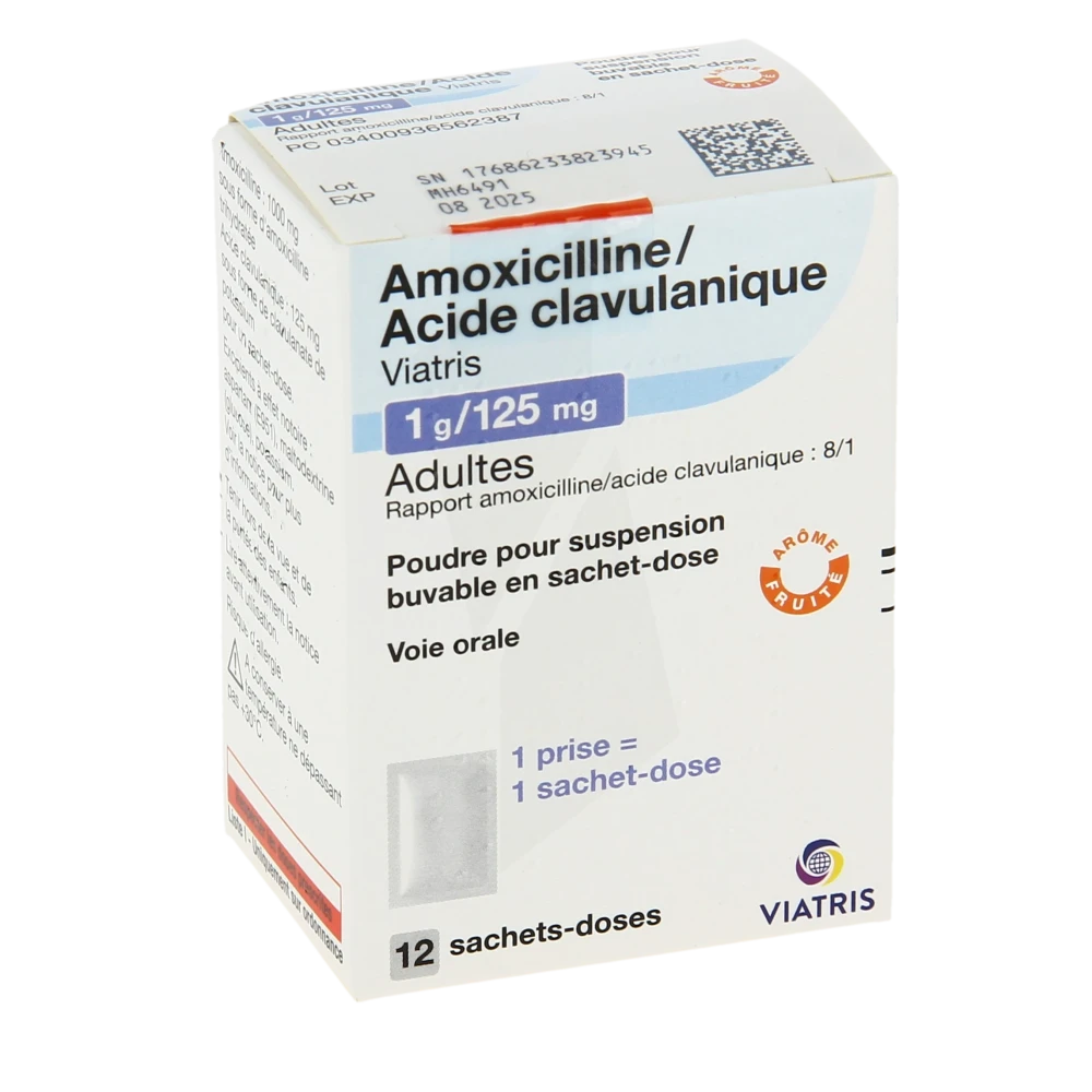 Amoxicilline/acide Clavulanique Viatris 1 G/125 Mg Adultes, Poudre Pour Suspension Buvable En Sachet-dose (rapport Amoxicilline/acide Clavulanique : 8/1)