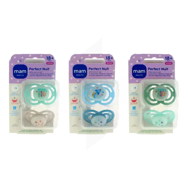 MAM PERFECT Sucette anatomique silicone + 18 mois nuit tendance Boîte de 2