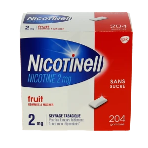 Nicotinell Fruit 2 Mg Sans Sucre, Gomme à Mâcher Médicamenteuse Plq/204