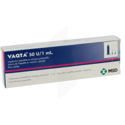 VAQTA 50 U/1 ml, suspension injectable en seringue préremplie. Vaccin de l’hépatite A, inactivé, adsorbé. Pour adultes