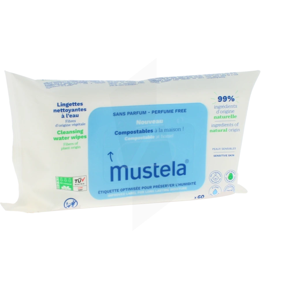 Mustela Lingettes Nettoyantes à L'eau Compostables Sans Parfum Paquet De 60