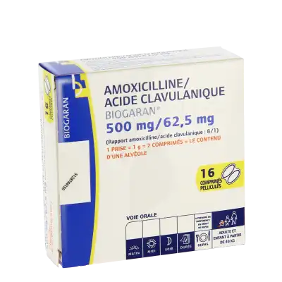 Amoxicilline/acide Clavulanique Biogaran 500 Mg/62,5 Mg, Comprimé Pelliculé (rapport Amoxicilline/acide Clavulanique : 8/1) à Paris