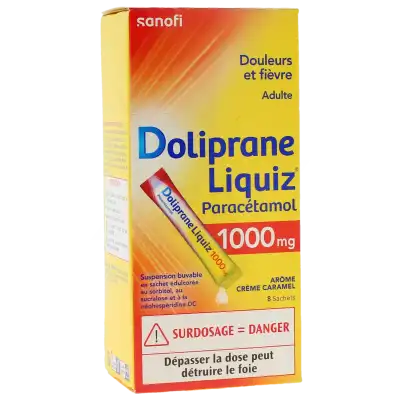 DOLIPRANELIQUIZ 1000 mg, suspension buvable en sachet édulcorée au sorbitol, au sucralose et à la néohespéridine DC