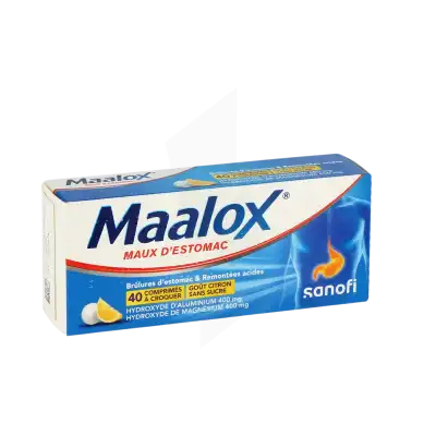 MAALOX HYDROXYDE D'ALUMINIUM/HYDROXYDE DE MAGNESIUM sans sucre 400 mg/400 mg Comprimés à croquer maux d'estomac Plq/40