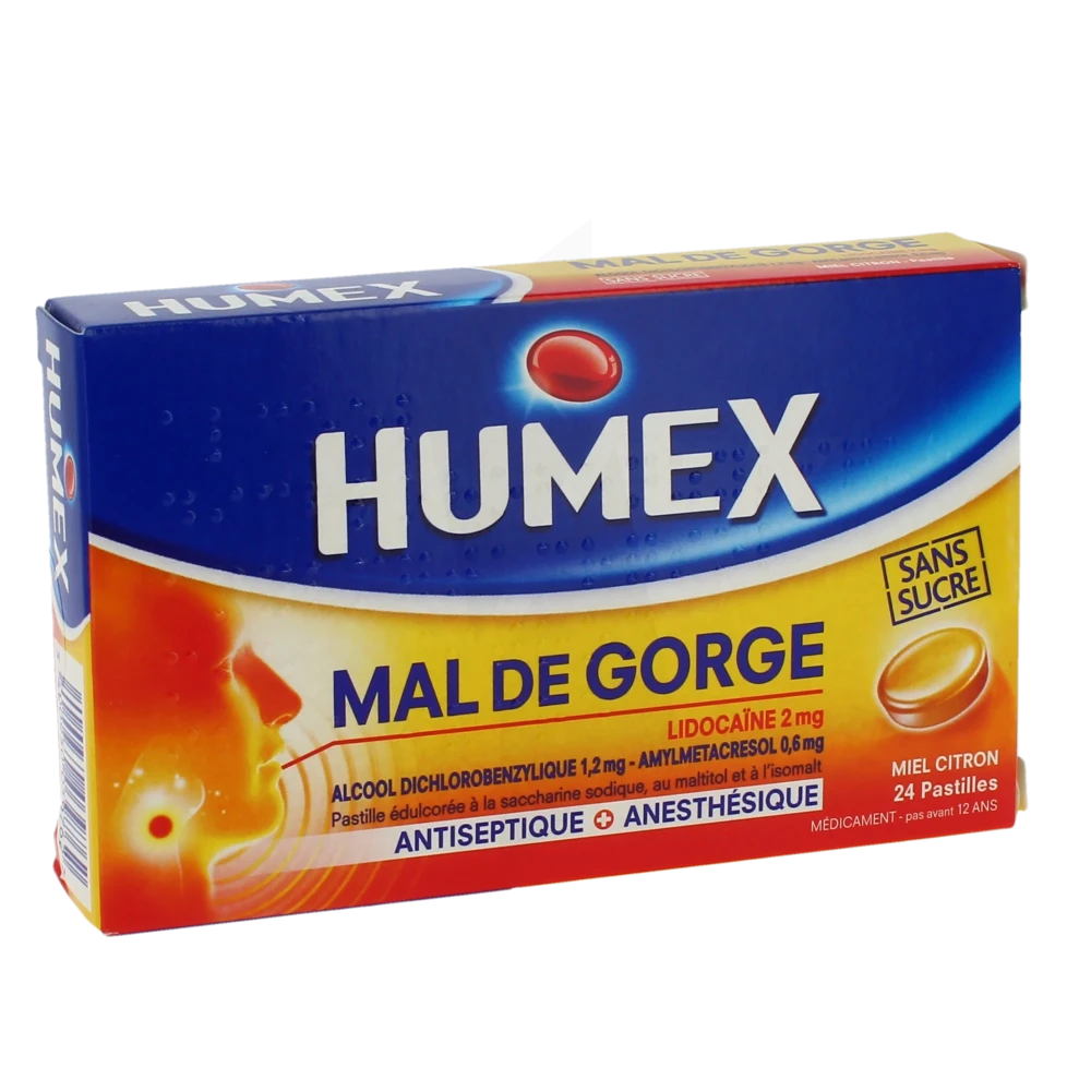 Humex Mal De Gorge Lidocaine/alcool Dichlorobenzylique/amylmetacresol 2 Mg/1,2 Mg/0,6 Mg Miel Citron Sans Sucre, Pastille édulcorée à La Saccharine Sodique, Au Maltitol Et à L'isomalt