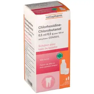 Chlorhexidine/chlorobutanol Ratiopharm 0,5 Ml/0,5 G Pour 100 Ml, Solution Pour Bain De Bouche En Flacon