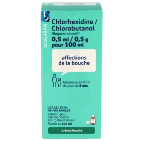 Chlorhexidine/chlorobutanol Biogaran Conseil 0,5 Ml/0,5 G Pour 100 Ml, Solution Pour Bain De Bouche Fl/200ml