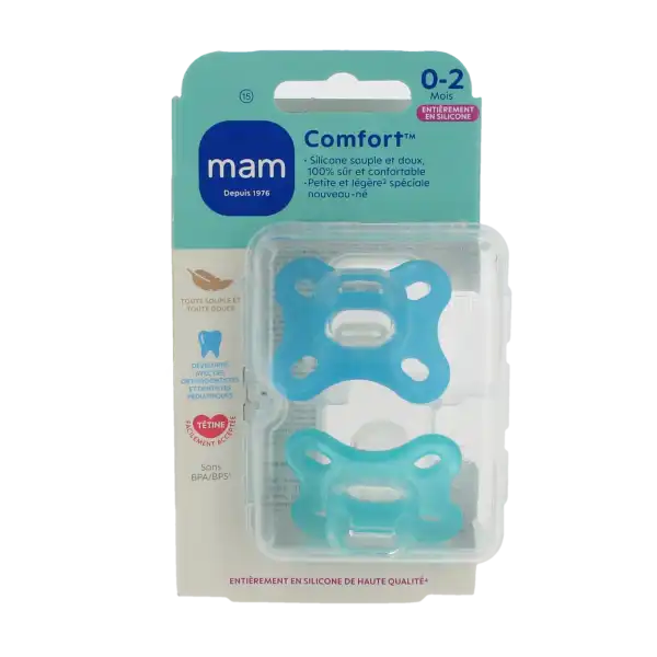 Mam Sucette Comfort Silicone +0 Mois Bleu B/2