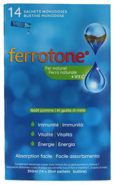 Ferrotone Eau De Source Riche En Fer Enrichie En Vitamine C Pomme 14 Sachets/25ml