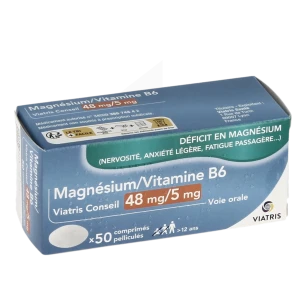 Magnesium/vitamine B6 Mylan 48 Mg/5 Mg, Comprimé Pelliculé