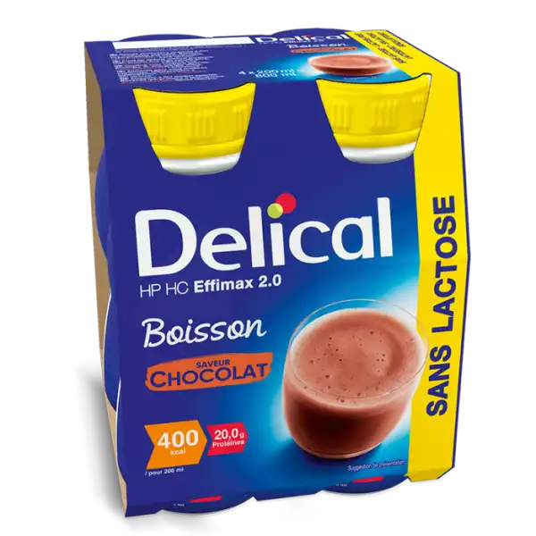 Delical Effimax Boisson Hp Hc Sans Lactose Sans Fibres Nutriment Chocolat 4 Bouteilles/200ml