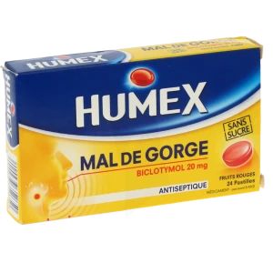 Humex Mal De Gorge Biclotymol 20 Mg Fruits Rouges Sans Sucre, Pastille édulcorée à L'isomalt Et à L'acésulfame Potassique