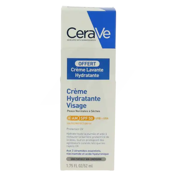 Cerave Crème Hydratante Visage Spf50 Pour Les Peaux Normales à Sèches Tube/52ml + Crème Lavante 20ml