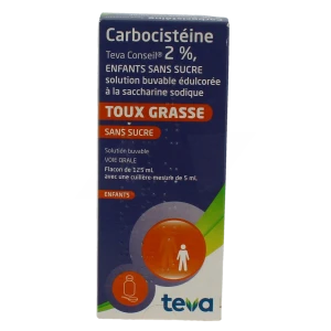 Carbocisteine Teva Conseil 2 % Enfants Sans Sucre, Solution Buvable édulcorée à La Saccharine Sodique