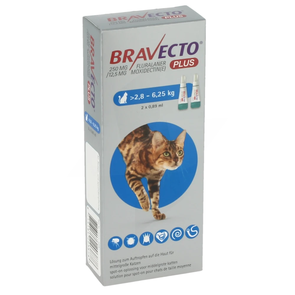 Bravecto Plus 250 Mg / 12,5 Mg Solution Pour Spot-on Pour Chats De Taille Moyenne (> 2,8 - 6,25 Kg), Solution Pour Spot-on