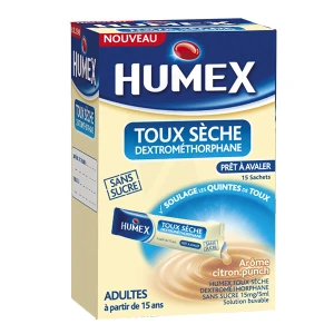 Humex Adultes Toux Seche Dextromethorphane Sans Sucre 15 Mg/5 Ml, Solution Buvable En Sachet édulcorée à La Saccharine Sodique