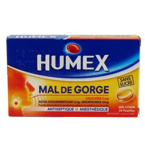 Humex Mal De Gorge Lidocaine/alcool Dichlorobenzylique/amylmetacresol 2 Mg/1,2 Mg/0,6 Mg Miel Citron Sans Sucre, Pastille édulcorée à La Saccharine Sodique, Au Maltitol Et à L'isomalt