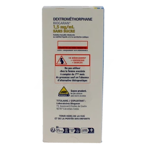 Dextromethorphane Biogaran 1,5 Mg/ml Sans Sucre, Solution Buvable édulcorée Au Maltitol Liquide Et à La Saccharine Sodique
