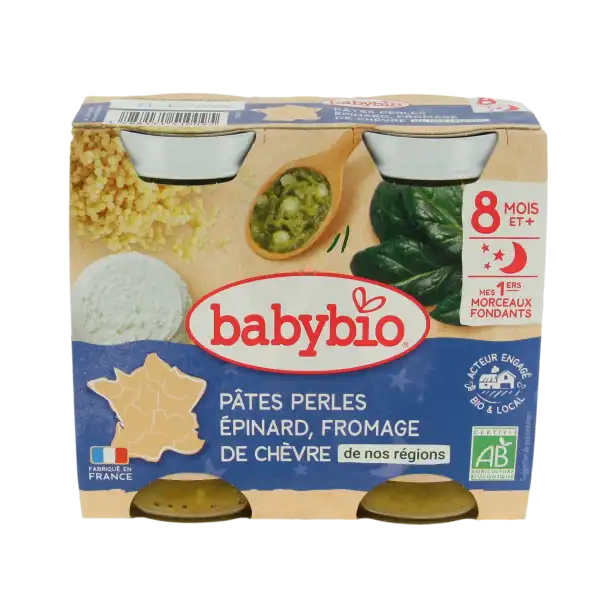 Babybio Alimentation Infantile Bonne Nuit Pâtes Perles épinard Chèvre Morceaux 2pots/200g