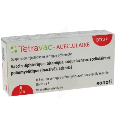 TETRAVAC-ACELLULAIRE, suspension injectable en seringue préremplie. Vaccin diphtérique, tétanique, coquelucheux acellulaire et poliomyélitique (inactivé), adsorbé
