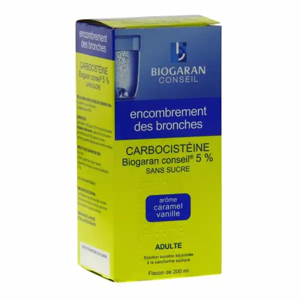 Carbocisteine Biogaran Conseil 5 Pour Cent Sans Sucre, Solution Buvable En Flacon édulcorée à La Saccharine Sodique