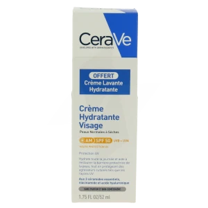 Cerave Crème Hydratante Visage Spf50 Pour Les Peaux Normales à Sèches Tube/52ml + Crème Lavante 20ml