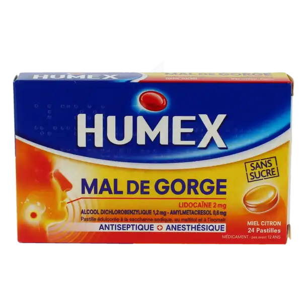 Humex Mal De Gorge Lidocaine/alcool Dichlorobenzylique/amylmetacresol 2 Mg/1,2 Mg/0,6 Mg Miel Citron Sans Sucre, Pastille édulcorée à La Saccharine Sodique, Au Maltitol Et à L'isomalt