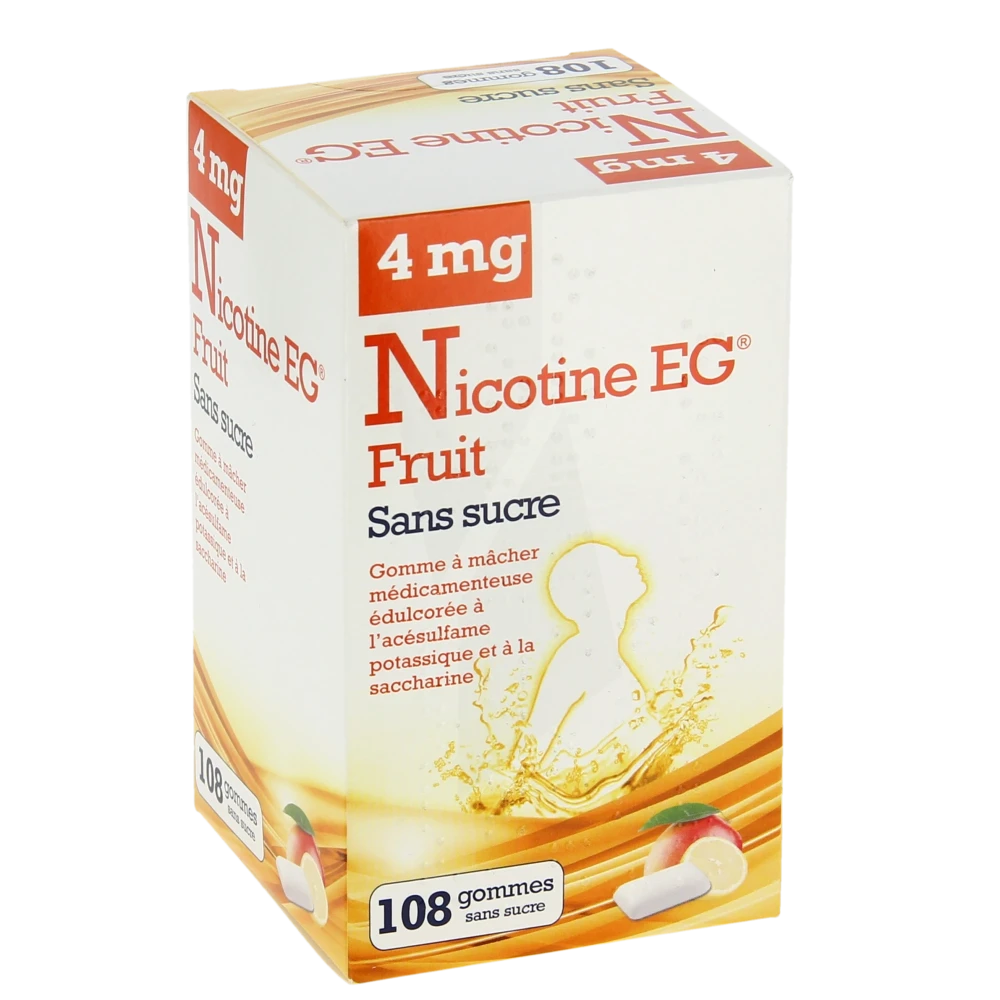 Nicotine Eg 4 Mg Gomme à Mâcher Médicamenteuse Sans Sucre Fruit édulcorée à L'acésulfame Potassique Et Saccharine Plq/108