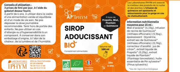 Iphym Conseil Ap’iphym Sirop Adoucissant Bio 100ml