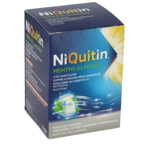 Niquitin Menthe Glaciale 4 Mg Sans Sucre, Gomme à Mâcher Médicamenteuse édulcorée Au Sorbitol Et Au Xylitol