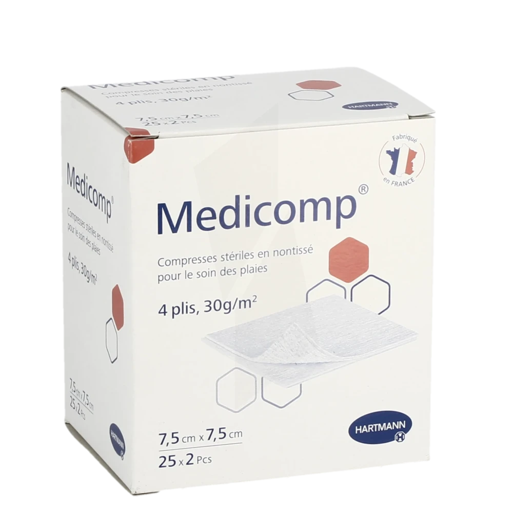 Medicomp® Compresses En Nontissé 7,5 X 7,5 Cm - Pochette De 2 - Boîte De 25