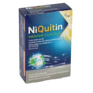 Niquitin Menthe Glaciale 2 Mg Sans Sucre, Gomme à Mâcher Médicamenteuse édulcorée Au Sorbitol Et Au Xylitol