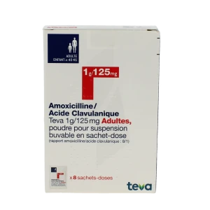 Amoxicilline/acide Clavulanique Teva 1 G/ 125 Mg Adultes, Poudre Pour Suspension Buvable En Sachet-dose (rapport Amoxicilline/acide Clavulanique : 8/1)
