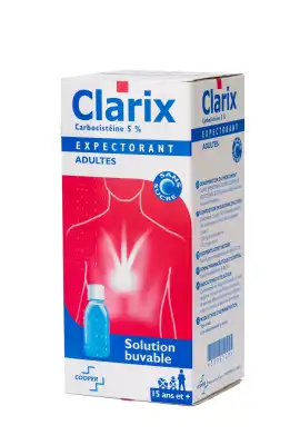 CLARIX EXPECTORANT CARBOCISTEINE 5 % ADULTES SANS SUCRE, solution buvable édulcorée à la saccharine sodique